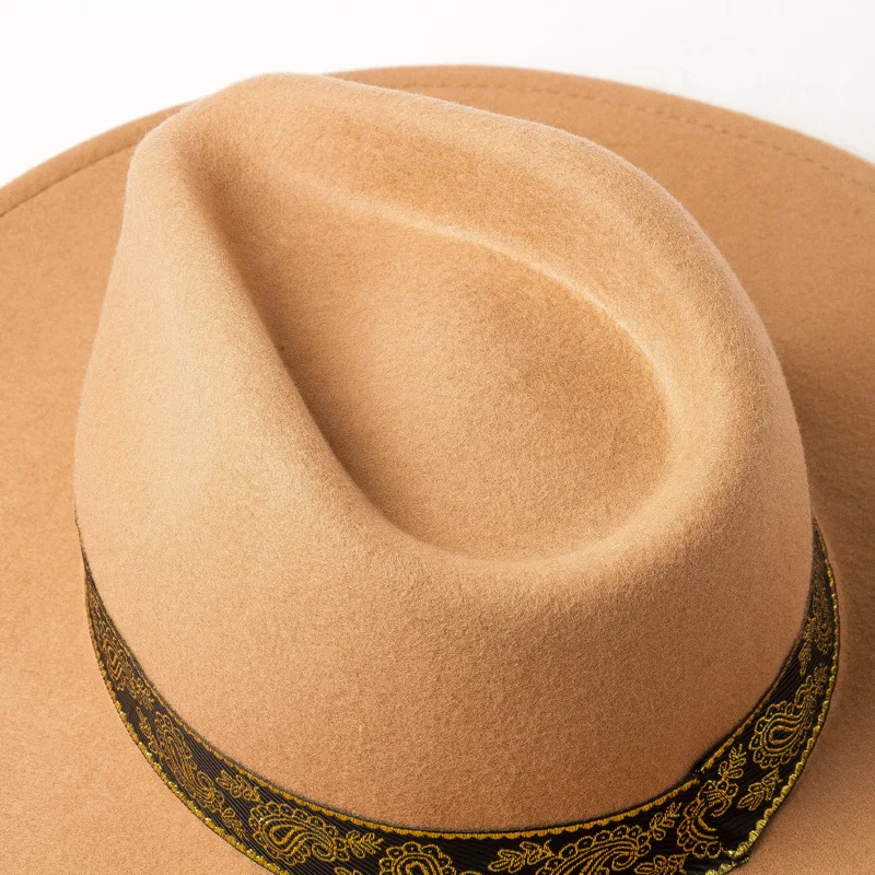 Autumn Winter Fashion wool Embroidery decorative ribbon Wide Jazz Shopping Tourist Style Felt Fedoras Hats for Women Men