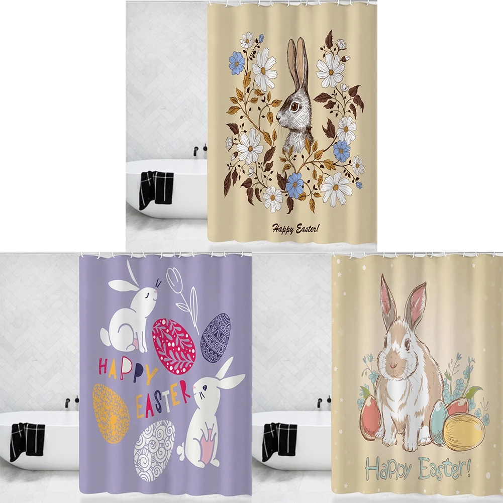 

3D Printed Shower Curtain Waterproof Polyester Fabric Multiple Sizes Easter Bunny Bath Products Bathroom Decor with 12 Hooks