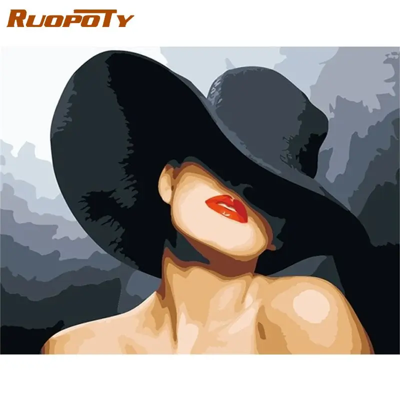 

RUOPOTY Figure Painting By Numbers Wear Black Hat Woman Oil Picture By Number HandPainted Home Wall Craft DIY Gift