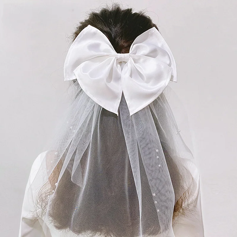 Фата свадебная женская с бантом и зажимом для волос Тюлевая белой лентой
