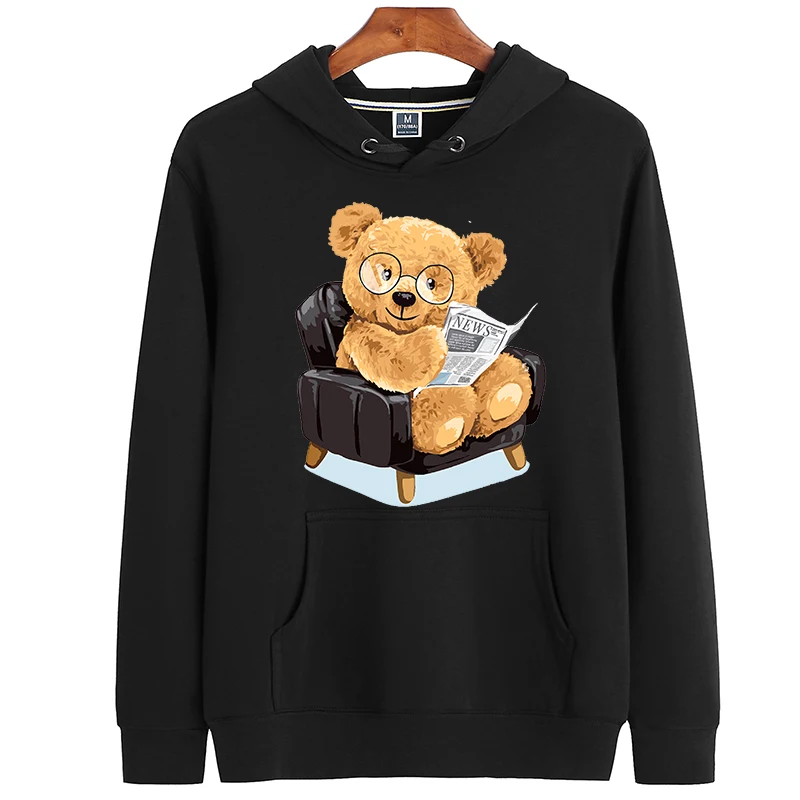 

100% Cotton Newspaper Bear Hoodie Women Winter Long-sleeved Sweater Loose Pullover Oversized Hoodie Men's And Women's Tops S-4XL