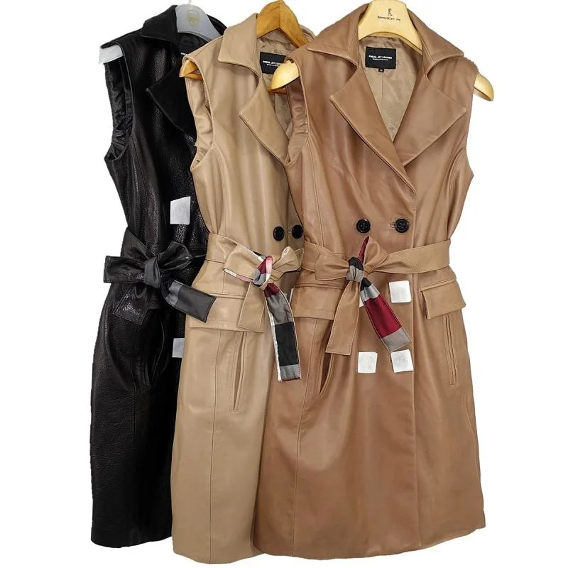 

Классическая Кожаная ветровка Chang Qingshuang с перламутровыми пузырями, длинная без рукавов, кожаная черная Женская ветровка ma3 jia3