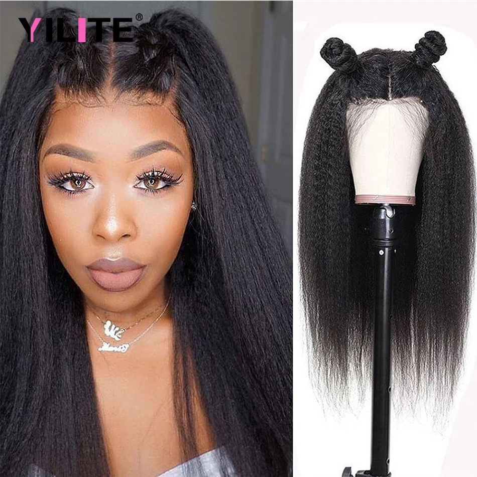 

14-30 Inch Long Kinky Straight Natural Color 5x5 Lace Closure Human Hair Wigs With Baby Hair For Women Brazilian Remy Human Hair
