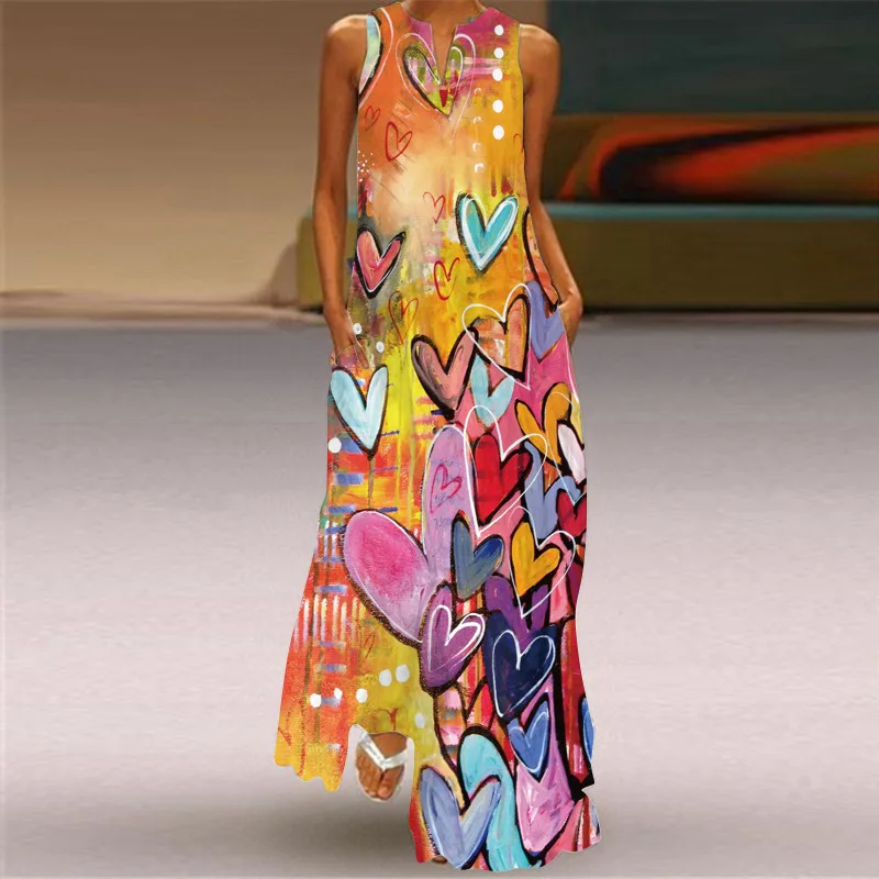 

Vintage Colorful Print Off Shoulder Party Dress Summer O Neck Sleeveless Maxi Dress Women Fashion Slim Casual Dresses Vestidos