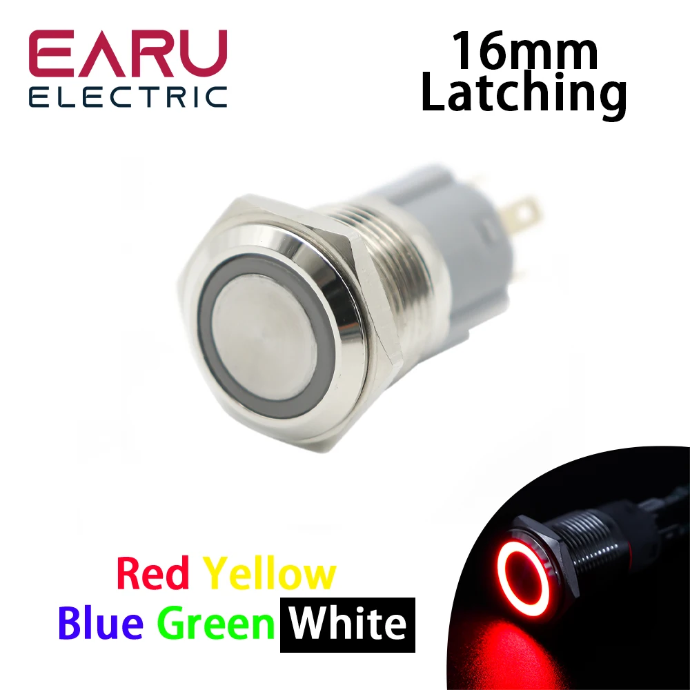

16mm Waterproof Power Press Metal Push Button Switch Latching Self-Lock Fixation LED Light 3V 5V 6V 12V 24V 220V Red Blue Green