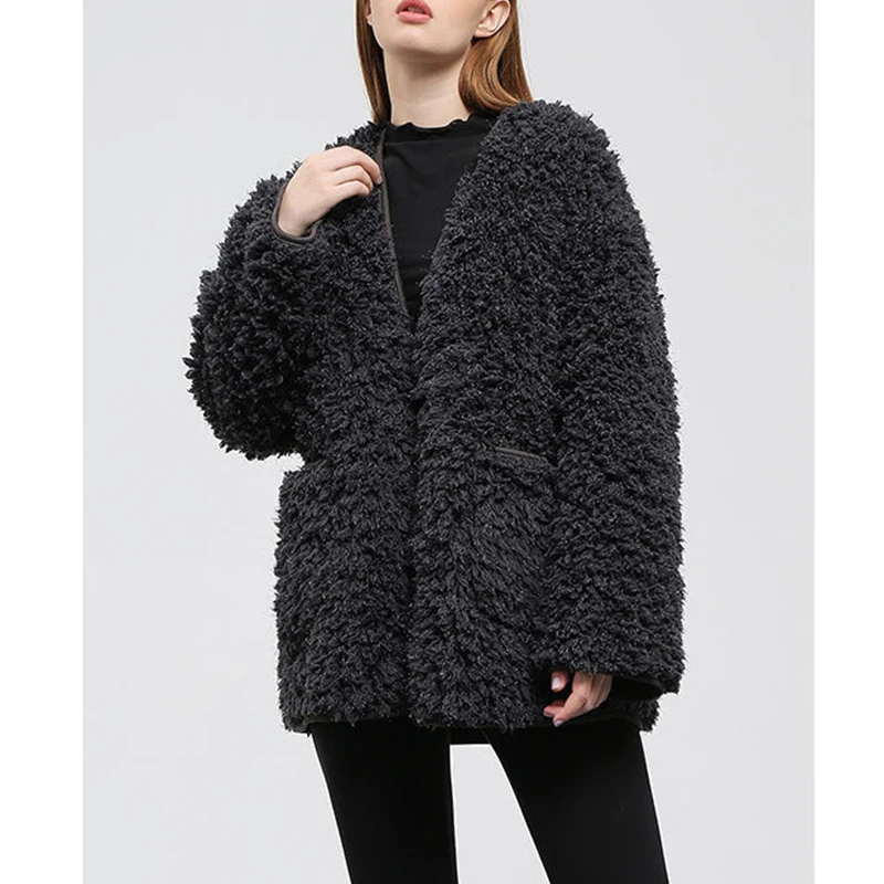 Faux Fur Coat Women Winter Loose Long Sleeve Jacket Fashion Black Velvet V Neck Single-breasted Office Lady Overcoat Outerwear