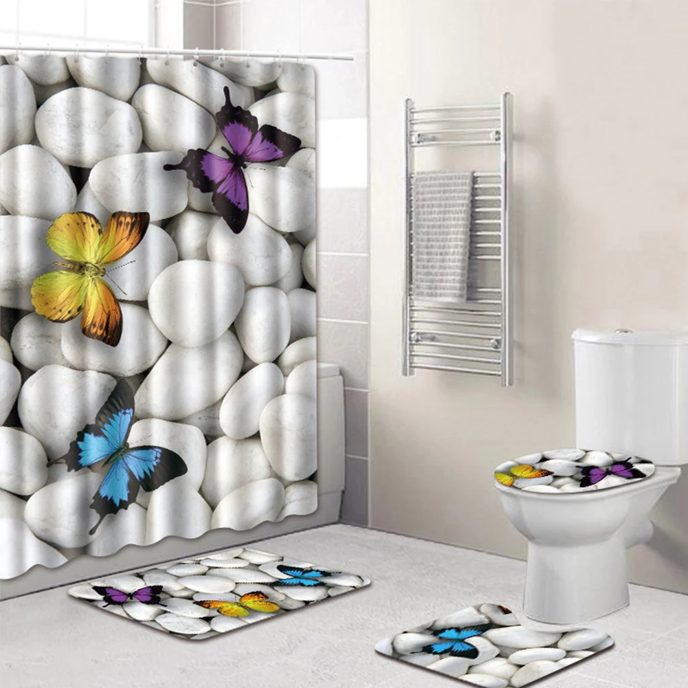 

4Pcs/Set Anti Slip Bathroom Rugs Set Waterproof Shower Curtain Pedestal Rug Lid Toilet Cover Bath Mat Home Decor 5 Types