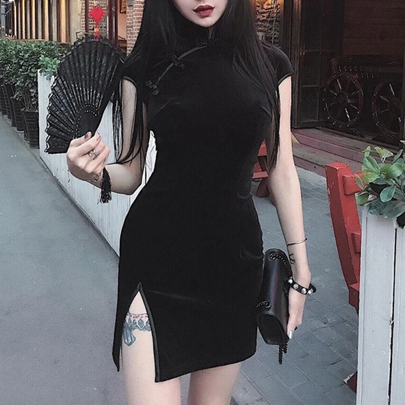 Cheongsam Vintage skinny Dress Women 3Colors Satin Gothic Style Qipao Short/full Sleeve Party New Year Clothes Harajuku Vestido