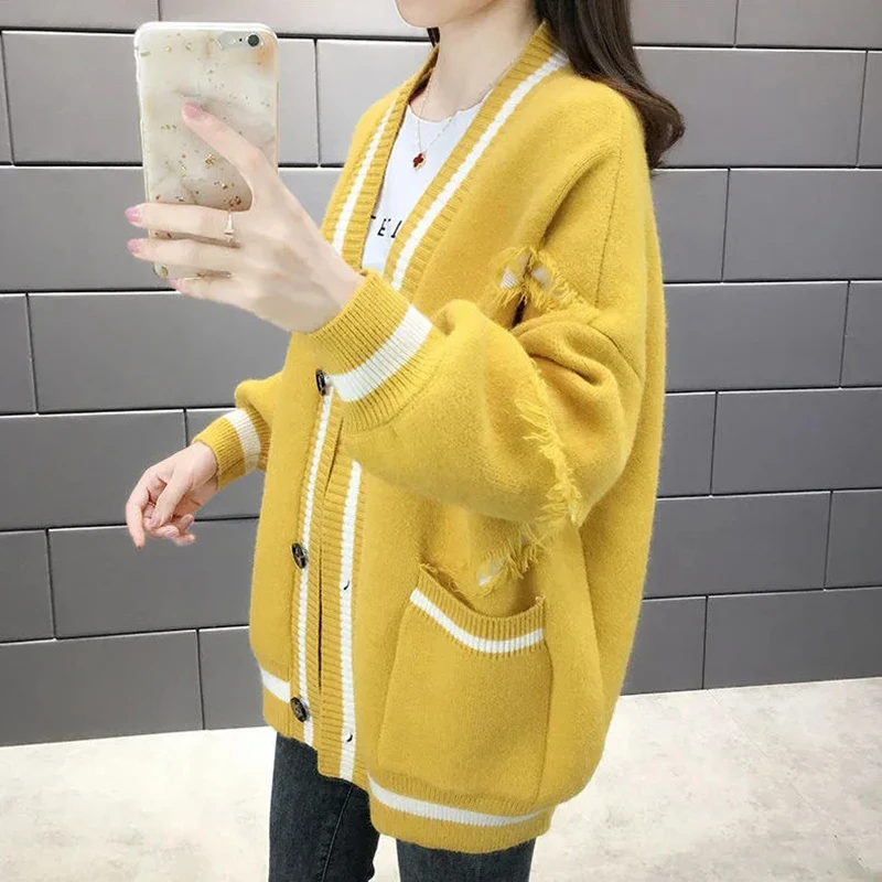 

Autumn Winter Stitching Color Letter Printing Sweater Cardigan Vintage V-neck Single-breasted Warm Knitted Sweater Loose Sweater