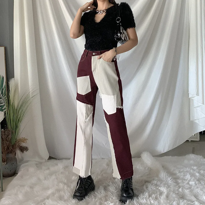 

Женские брюки с цветными блоками в стиле пэчворк, Длинные прямые джинсы с высокой талией, расклешенные брюки