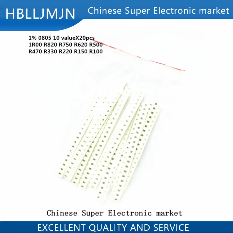 200PCS 1% 0805 SMD resistors assorted kit set 10 valueX20pcs=200pcs 1R00 R820 R750 R620 R500 R470 R330 R220 R150 R100 | Электронные