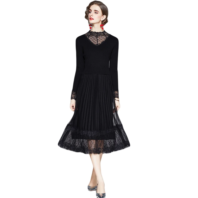 

FUCHAO Women Spring & Autumn Elegant Sweater Dress Festa High Quality Office Party Robe Femme Vintage Lace Designer Vestidos