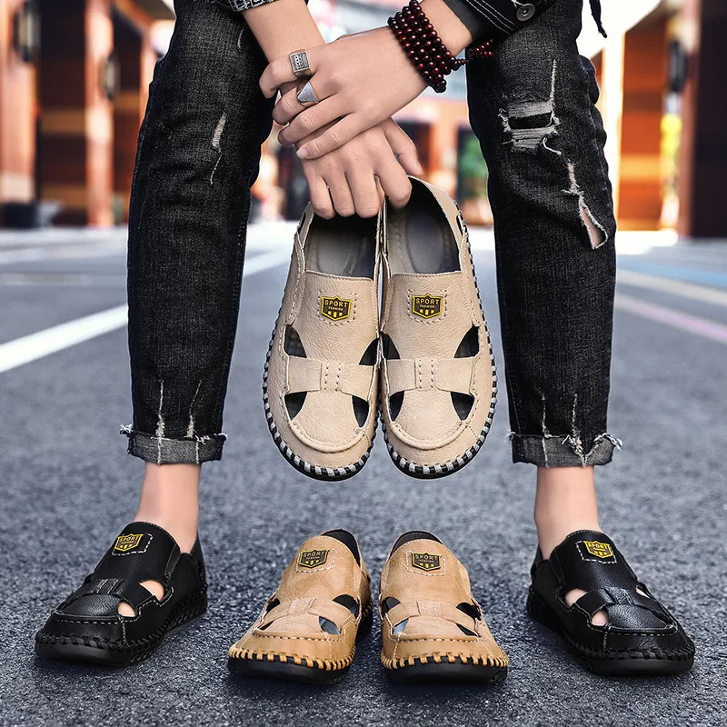 

High Quality Mens Sandals Summer Leather Breathable Shoes Outdoor Beach Footwear Comfortable Fashion Rubber Flip Flops Size 48