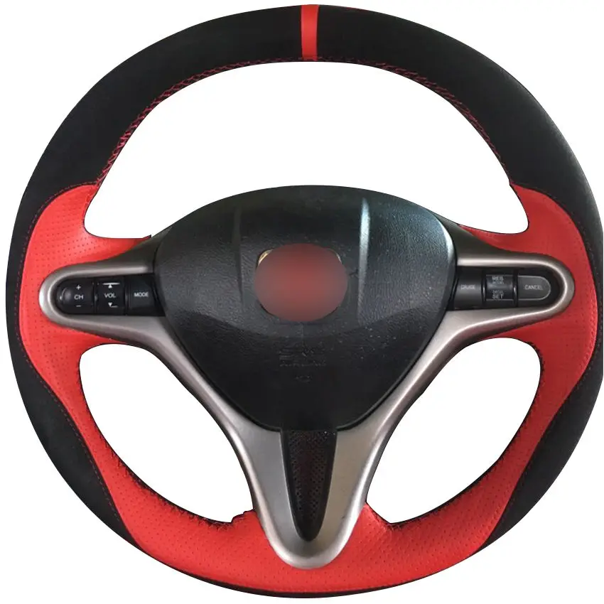 For Honda Civic 8 2006 2007 2008-2010 2011 (3-Spoke) Black Suede Red Leather Red Marker Car Steering Wheel Cover Auto parts
