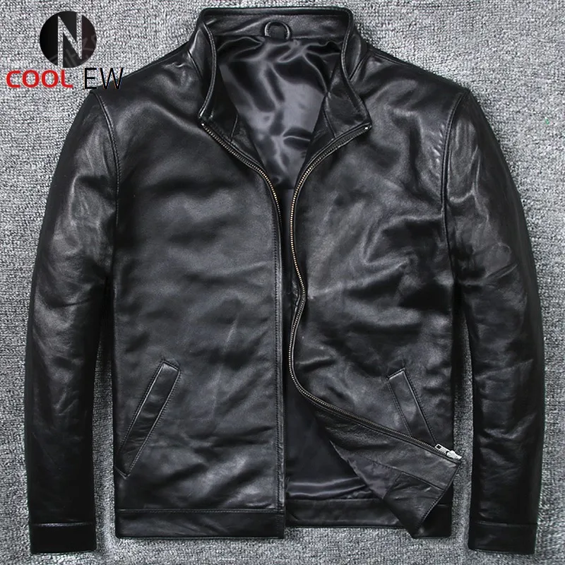

Mens Motorcycle Leather Jacket Stand Collar Slim Fit Business Man Classic Sheepskin Genuine Leather Jacket Plus Size 6XL Coat