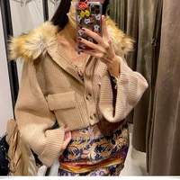 faux fur collar womens cardigan fashion warm winter brown casual loose short knitted sweater bat sleeve loose jacket 2021 new
