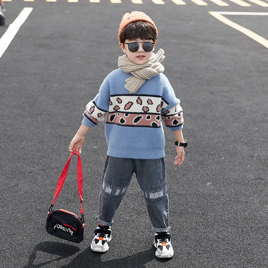 Свитера для мальчиков свитер в стиле пэчворк вязаный детский джемпер с круглым