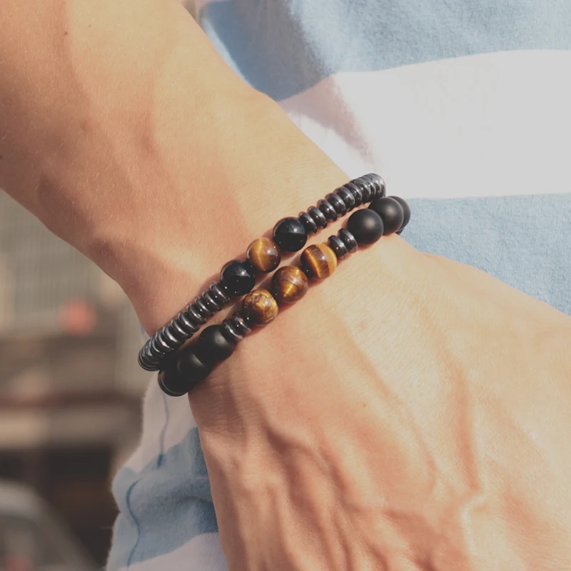 Fashion 2 Pcs/Set Natural Stone Beads Bracelet Luxury Hematite Obsidian Yoga Braclet Sets For Men Armband Mala Jewelry Bileklik | Украшения
