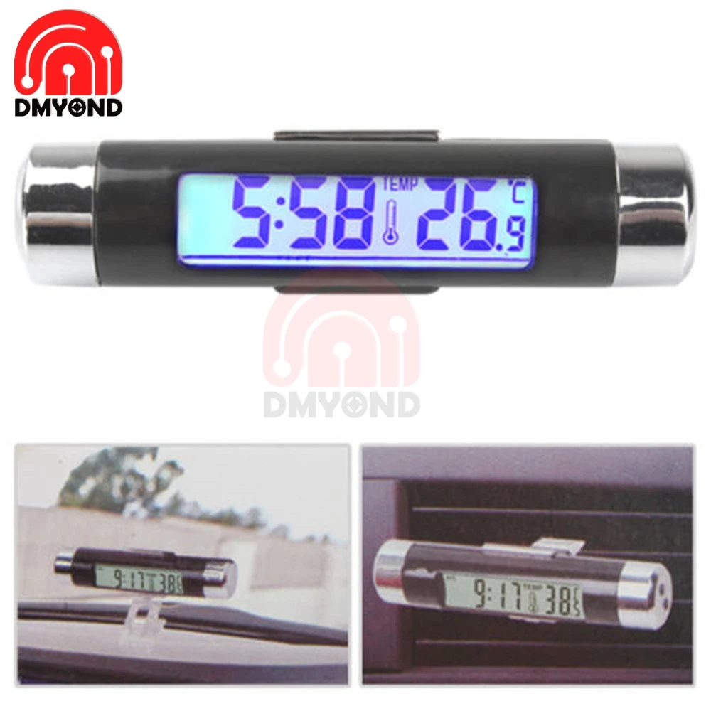 Цифровой термометр 2 в 1 с ЖК дисплеем для автомобиля часы стайлинга синей