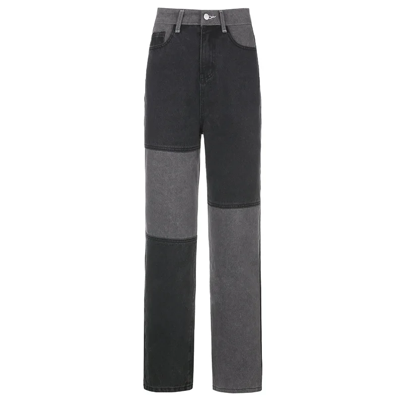

2021 ladies fashion stitching denim long pants Korean style simple loose pants