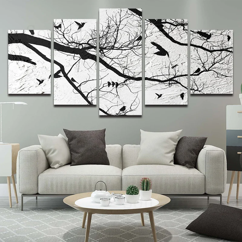 Декоративная живопись из пяти частей ветвей дерева птица серый тон простой стиль