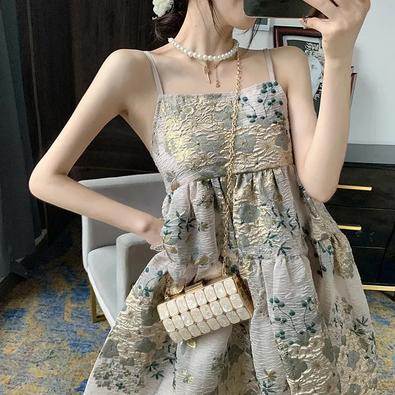 

Женский сарафан миди, с цветочной вышивкой и открытой спиной, летнее, с высокой талией