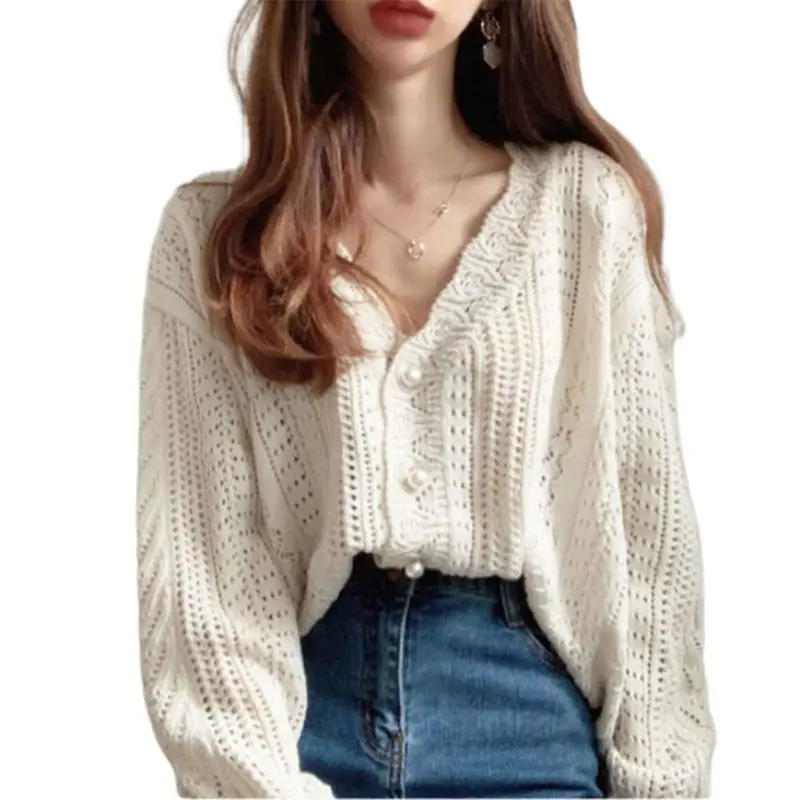 

Womens Autumn Long Sleeve Loose Sweater Cardigan Hollow Out Crochet Knitted V-Neck Button Down Basic Solid Short Knitwear Top Co