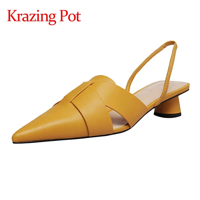 

Krazing pot genuine leather pointed toe med heels shallow strange style high fashion beauty lady slip on mules sandals women L88