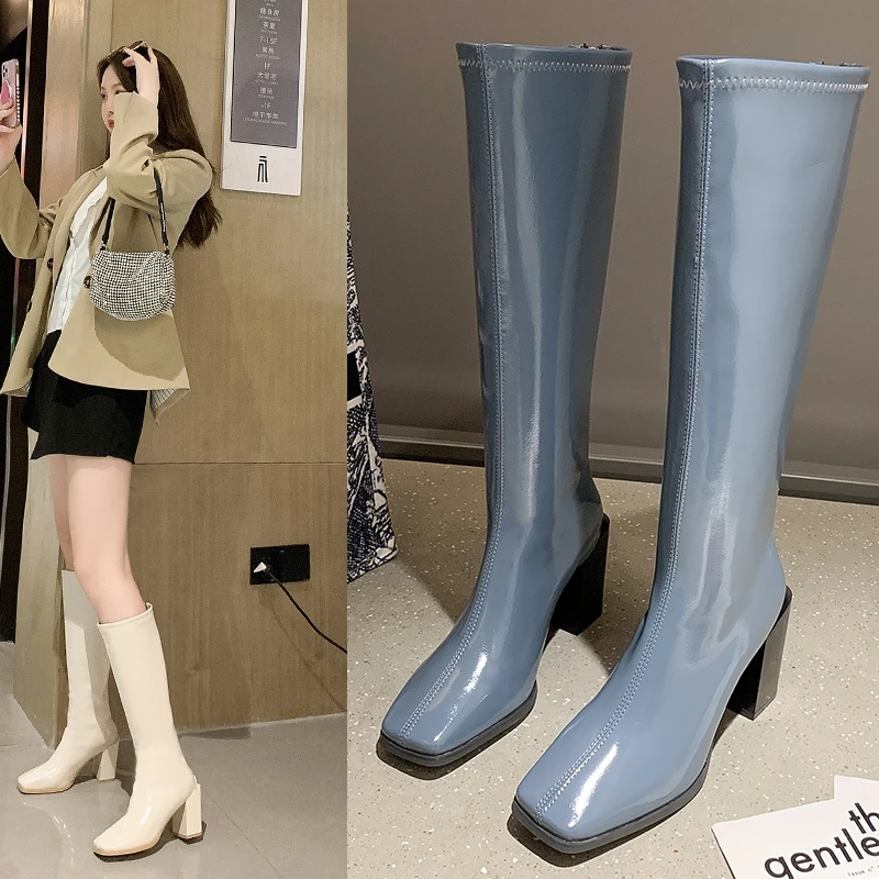 

2021 Square Toe High Heels Women Knee-High Boots Patent Leather Fashion Concise Zipper Party Casual Shoes Woman Autumn Winter