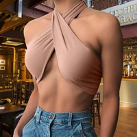 women sleeveless halter tops lacing backless solid color vest sexy nightclub bottoming cross tube top wrap lady vest