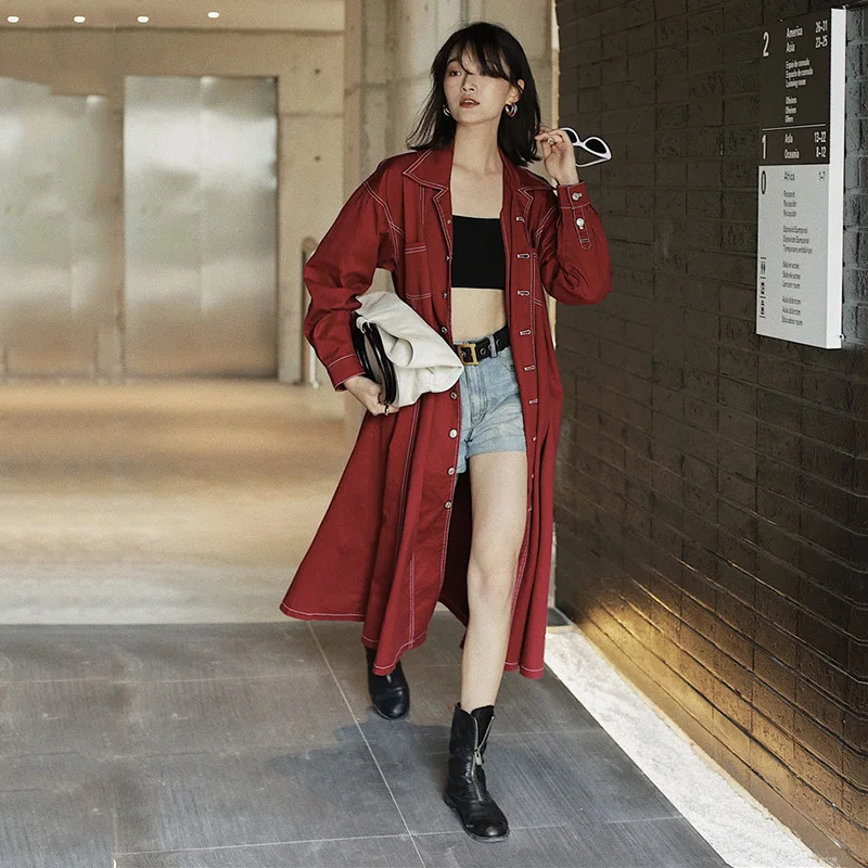 Женская джинсовая куртка LANMREM бордовая однобортная ветровка с длинными рукавами