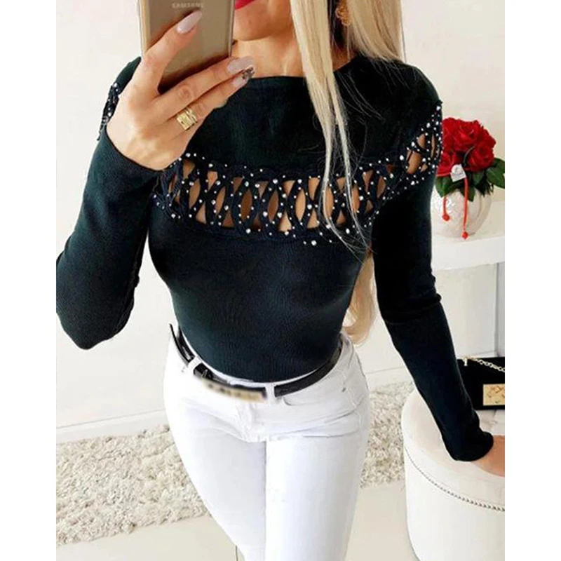 

Woman T-Shirt Hollow Out 2021 Solid Black Spring Autumn O-Neck Full Sleeve Casual Slim Beading Korean Ladies Tight Top SJ8801R