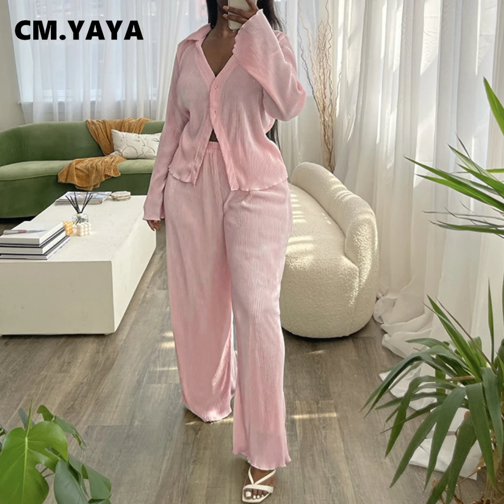 

Женский комплект из 2 предметов CM.YAYA, Базовая Блузка с длинным рукавом и прямые брюки, домашний комплект, комплект одежды, спортивный костюм, ...