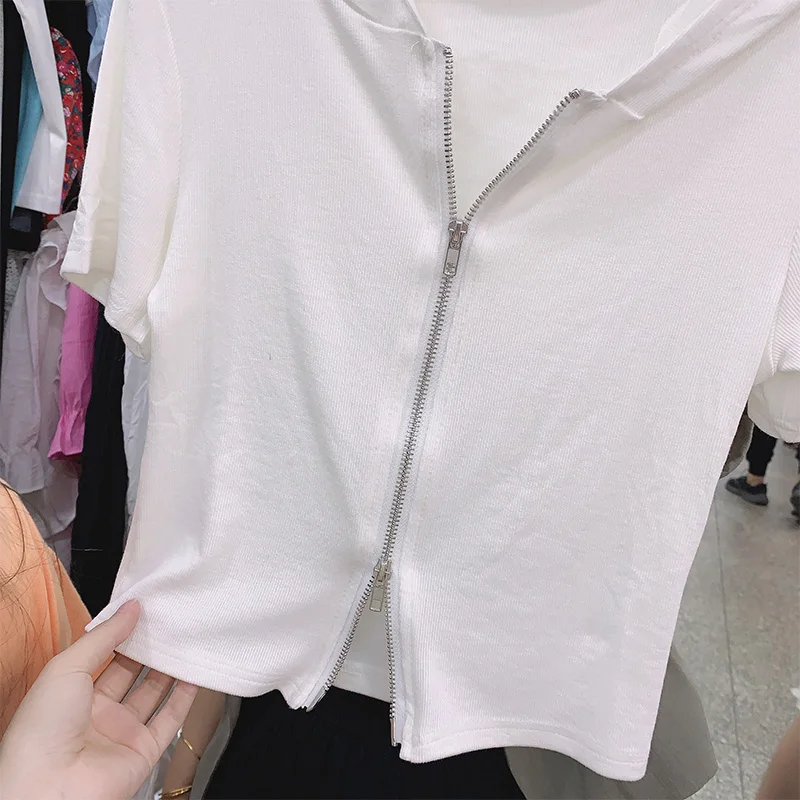 

Fashionable Hooded T-shirt Bottoming Shirt for Women 2021 New Design Short Sleeve Zipper Short Top Casual Clothing Women