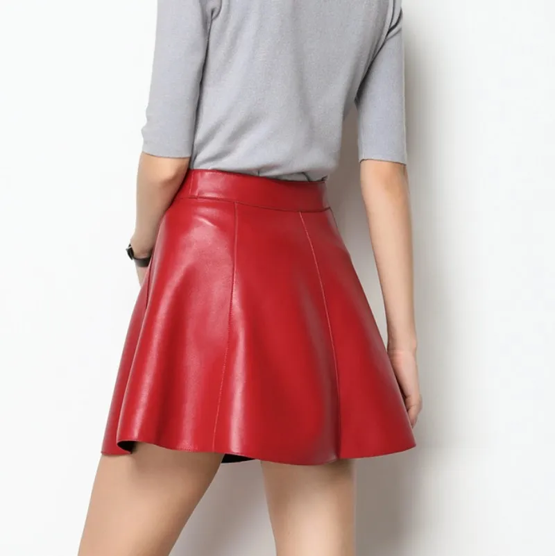 

New Casual Zipper High Waist A Line Skirt Women Sweet Genuine Leather Mini Skirts Patchwork Solid Color Streetwear Female Skirts