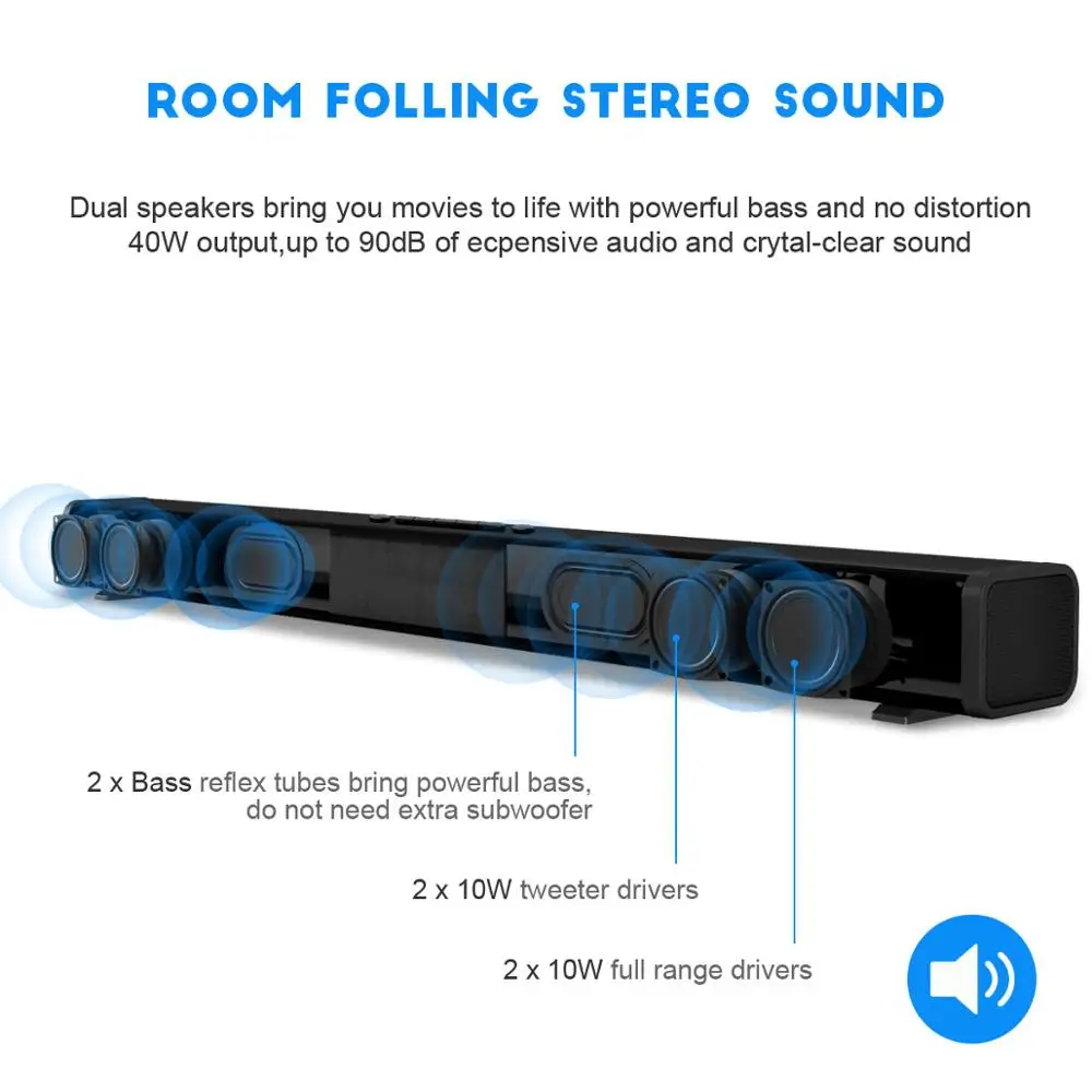 Саундбар HiFi беспроводной с поддержкой bluetooth и объемным звуком 40 Вт|Колонки для