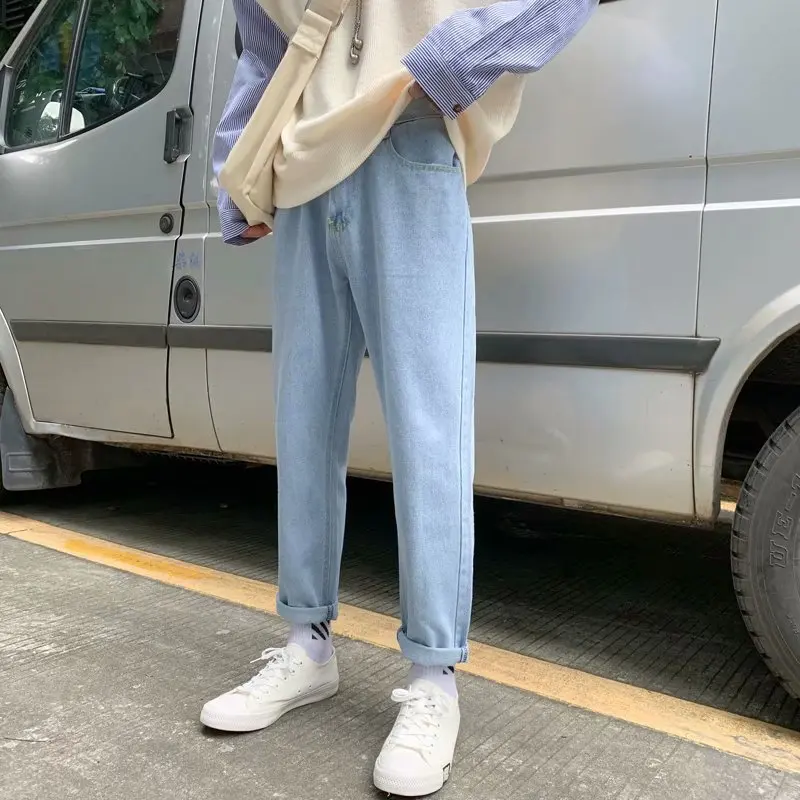 

Fashion Casual Men Jeans Streetwear Solid Loose Denim Trousers 2019 Summer Autumn Cuffs Hole Ankle Length Plus Size