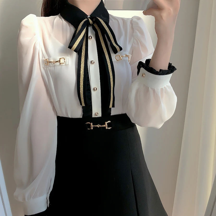 

2021 Autumn New Elegant Chiffon shirt Bow tie Contrast color OL tops Long-sleeved Womens tops and blouses