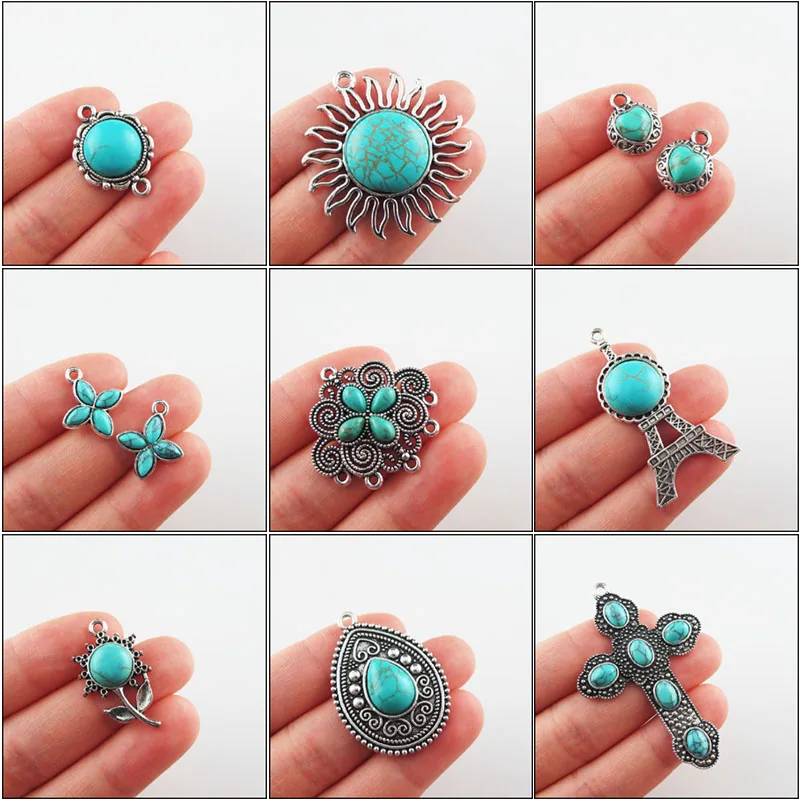 

New Turquoise Stone Charms Flower Heart Teardrop Cross Tower Tibetan Silver Plated Pendants Retro