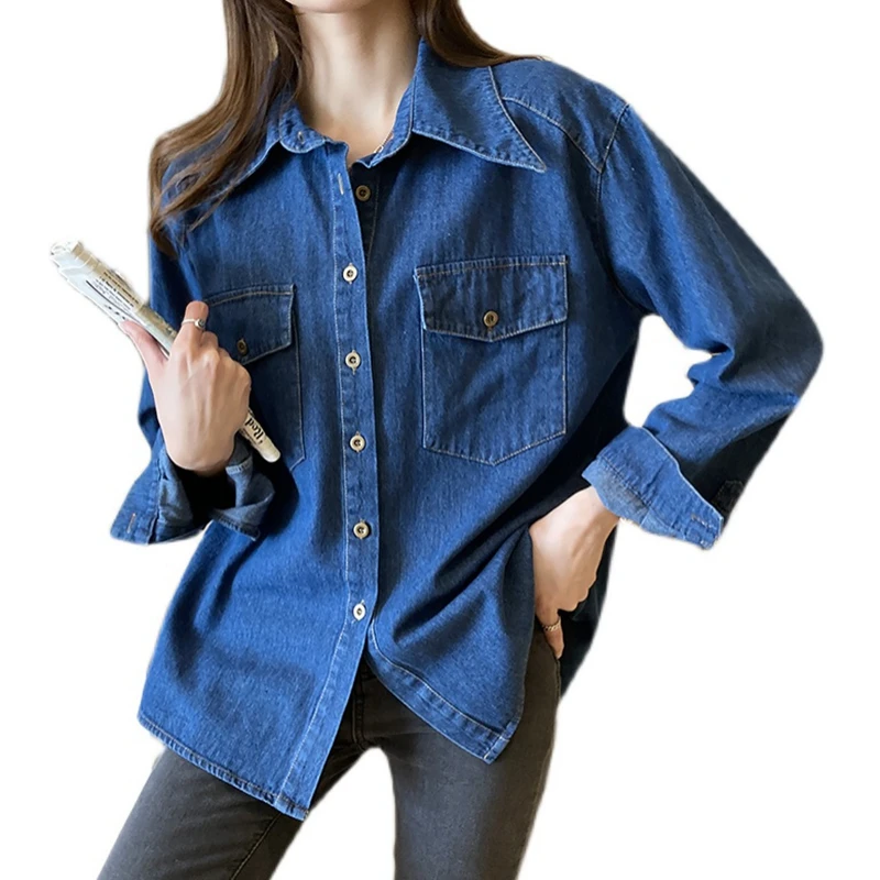 

Women Spring Autumn Full-Sleeves Vintage Turn-down Collar pocket Female Korean blouse Loose big Size Denim shirt casual tops