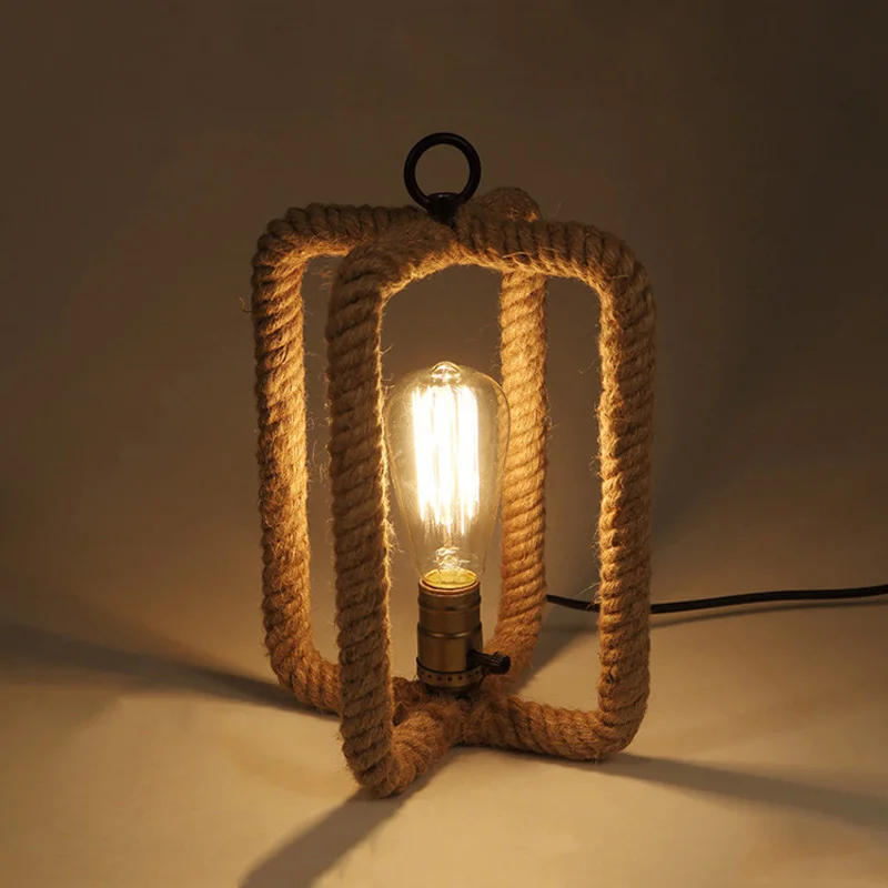 Американский Ретро Лофт Настольный Светильник E27 пеньковая веревка светильник