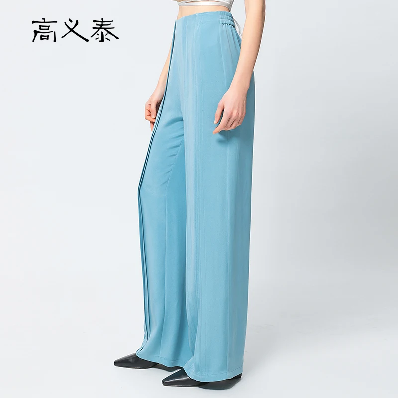

GAOYITAI Simple Asymmetrical Folds Elastic Waist Straight Trousers Autumn Office Ladies Pant Blue Loose Silk Woman Pants KY020