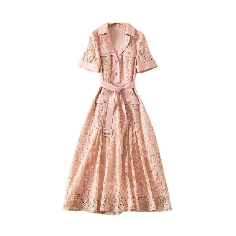 

Новинка осени 2021, женская одежда MIUXIMAO с отложным воротником и коротким рукавом, кружевное платье с поясом, модное элегантное офисное платье