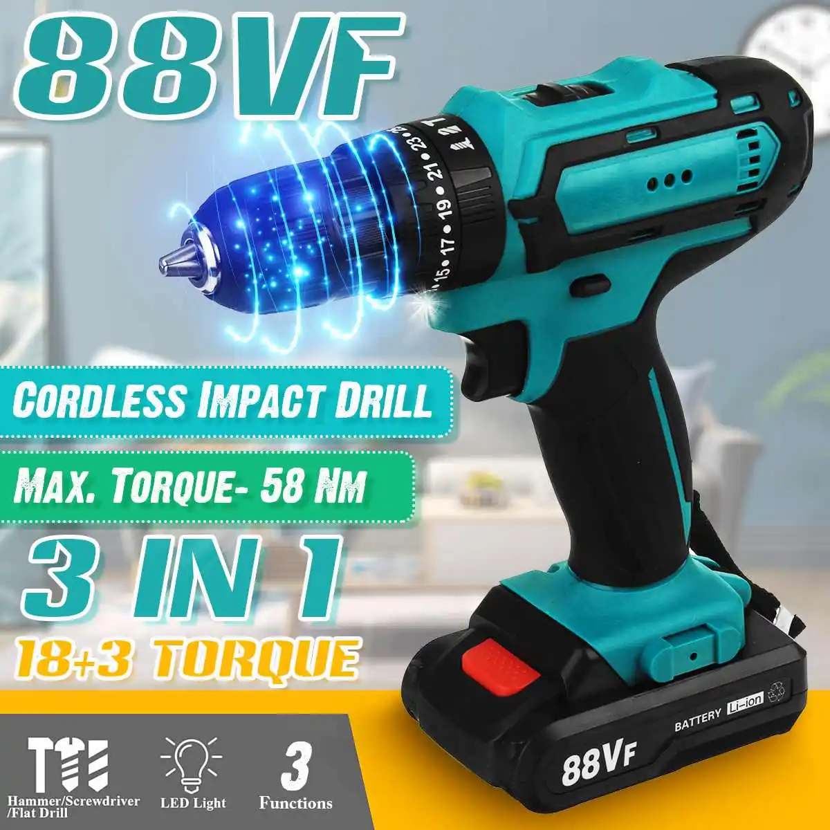 

88VF Electric Drill Impact Drill Cordless Screwdriver Lithium Battery Cordless Drill Wrench Wireless Electric Drill Set For Home