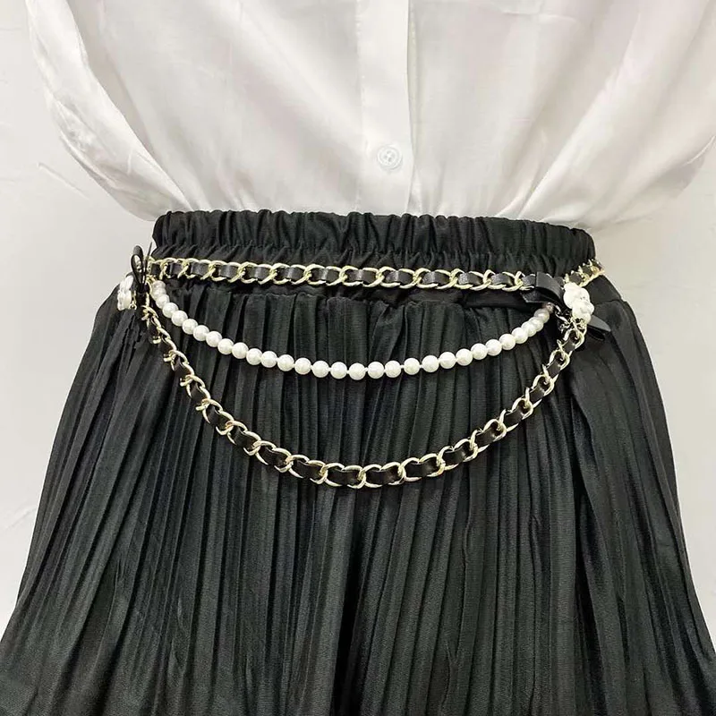 2021 Fashion Women Metal Chain Pu Leather Belt Flower Pearl Long High Waist Cummerbunds for Dress