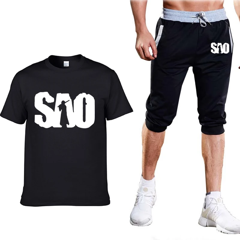

Summer Men's Suits Anime Sword Art Online SAO Printed Mens Short Sleeve Crew neck Casual Cotton male T-Shirt+Pants Suit 2Pcs