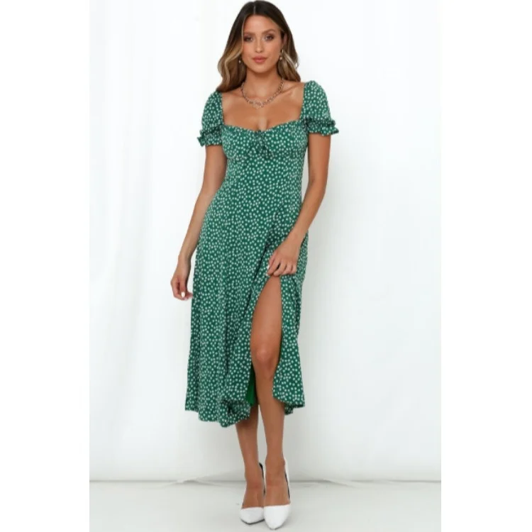 

2021 summer green floral square neck bubble sleeve split large swing medium length dress
