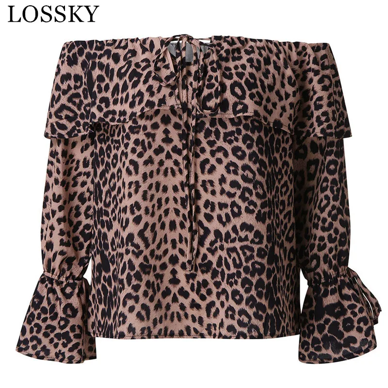 

Autumn Leopard Print Eleagnt Sexy Women Blouse Shirt Ruffles Long Flare Sleeve Off Shoulder Lace Up Ladies Blouses Top Blusas