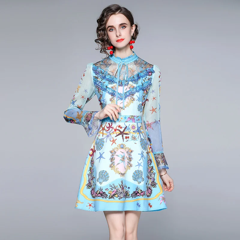 

Flare Sleeve Lace Dress Women High Quality Summer Fungus Desigs Long Sleeve Mini Dresses Mesh Lace Chiffon Print Harajuku Dress