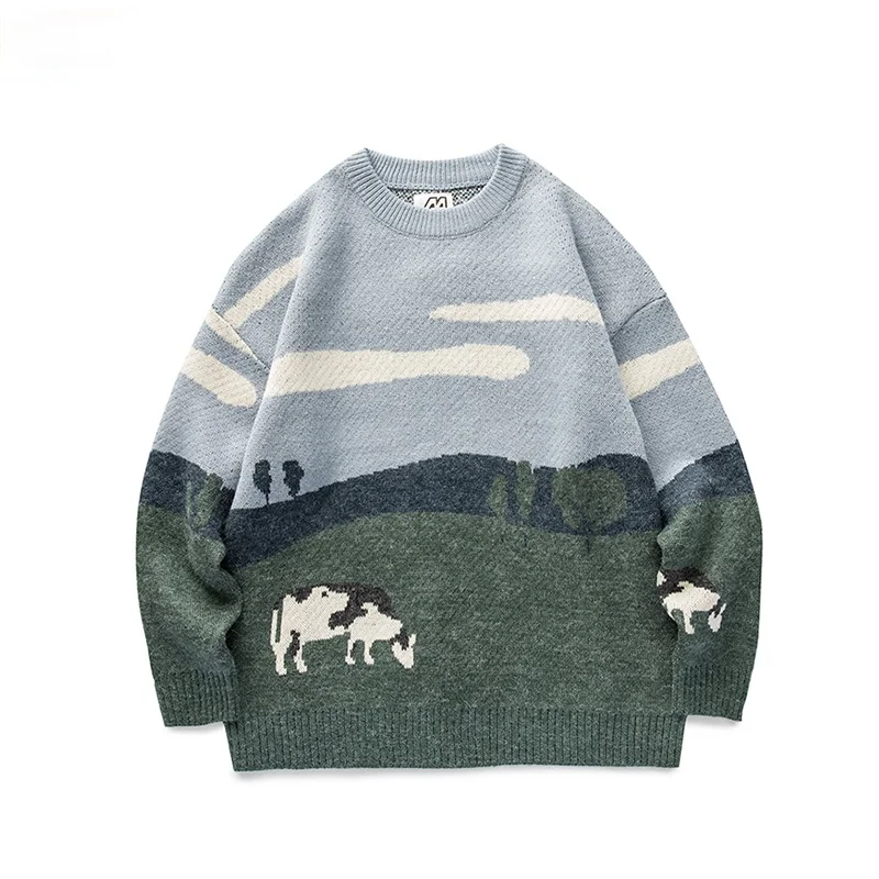 

BOLUBAO Cows Prairie Vintage Korean Fashions Sweater Mens 2021 Winter Pullover Casual Harajuku Sweater Male